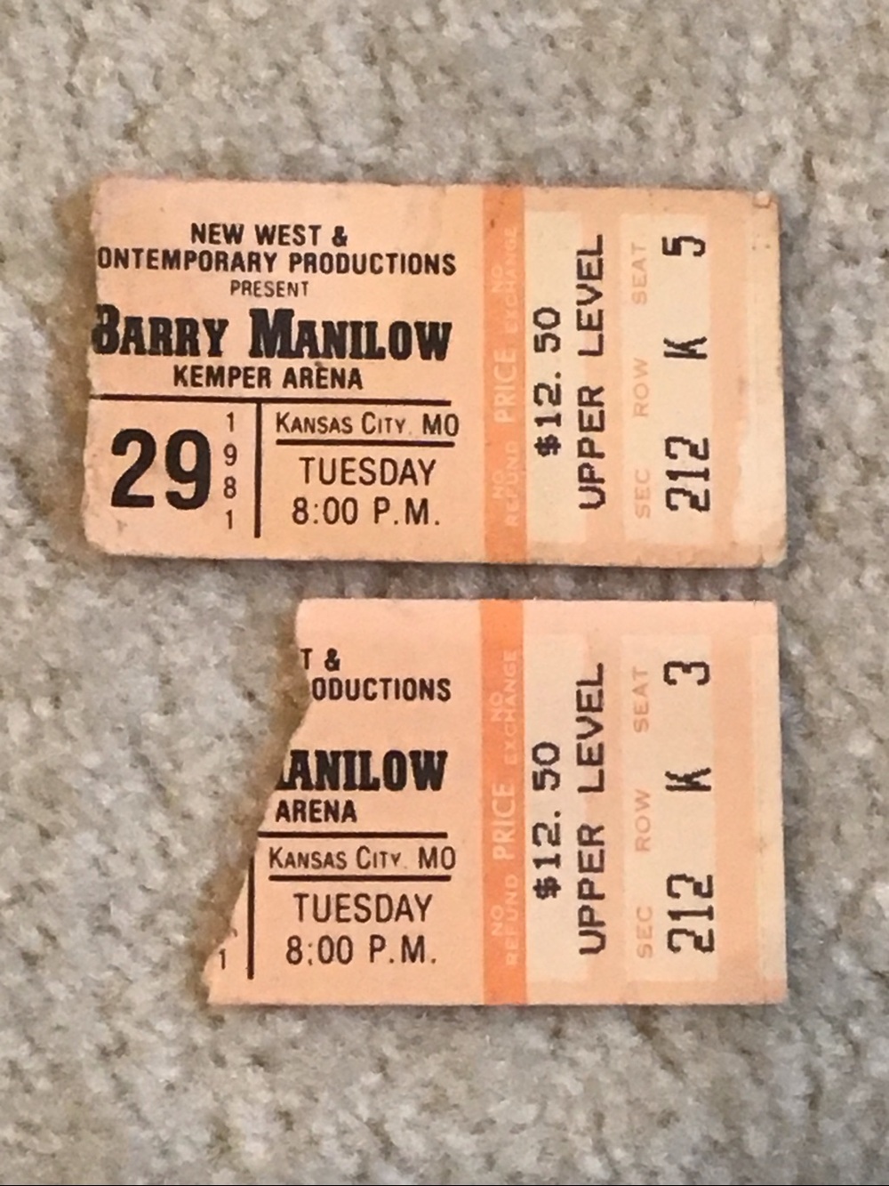 Two Vintage Barry Manilow Memorabilia Concert Ticket Stubs, 1981